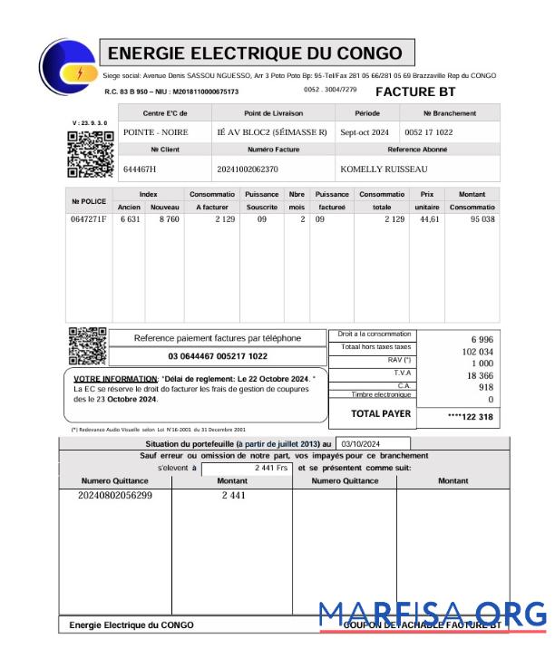 Realistic Congo Energie Electrique Du utility bill example
